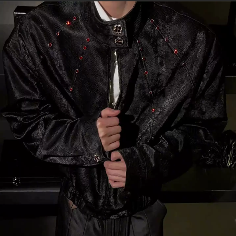 New Men's Python Texture Leather Jacket, Red Gem Studded Stand Collar Punk Coat