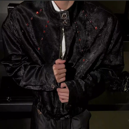 New Men's Python Texture Leather Jacket, Red Gem Studded Stand Collar Punk Coat