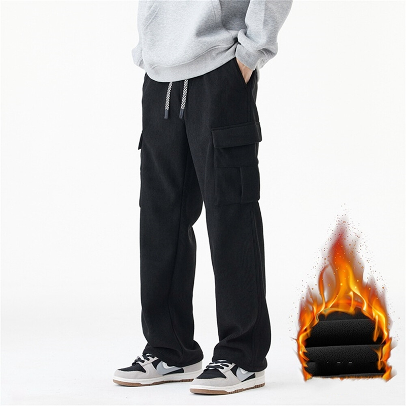 Men's Heavyweight Retro Corduroy Cargo Pants, Fall and Winter Warm Casual Men's Trousers, Fleece Lined, Winter Warm Wide Leg Relaxed Fit Workwear Trousers