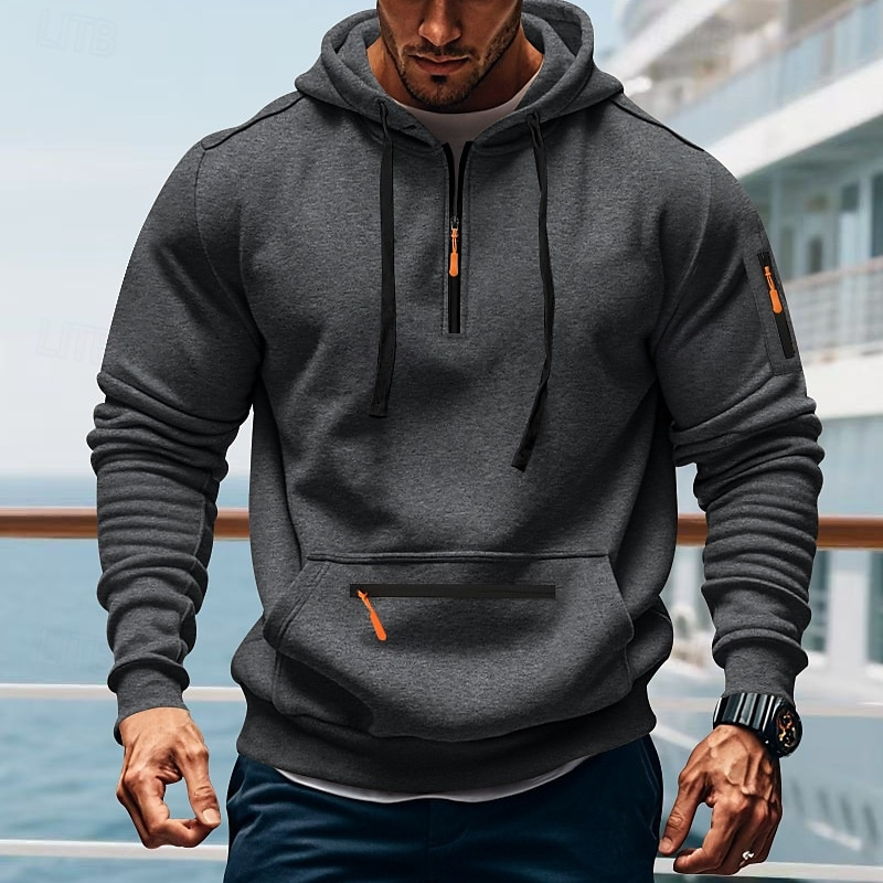 2025 Fall New Men's Fleece-Lined Zip-Up Hoodie, Tactical Hoodies for Men, Outdoor Casual Athletic Zip Pullover, Winter Warm Long Sleeve Hooded Sweatshirt with Pockets