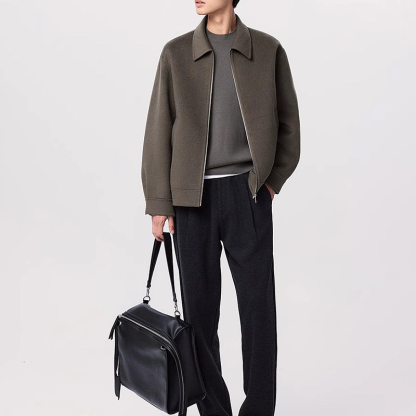 Men's Executive Wool Bomber, Zipper Front Notch Lapel Coat, Short Style Business Casual Winter Jacket