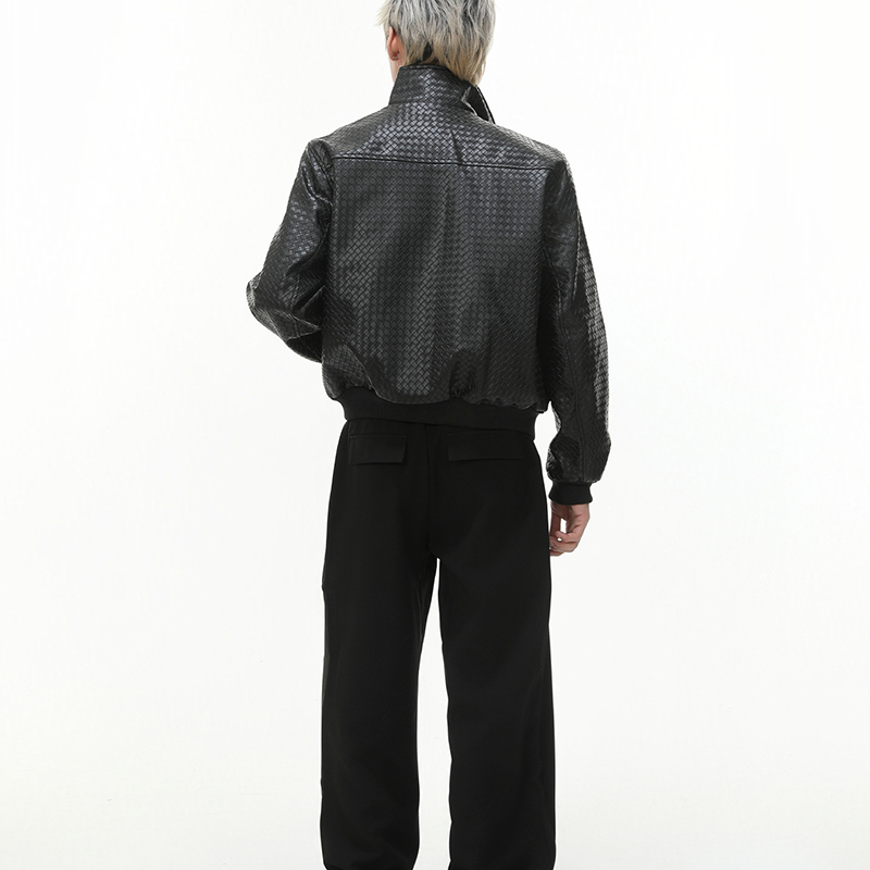 Men's Vintage Biker Short PU Leather Jacket, Unique Diamond Woven Texture Stand Collar Coat