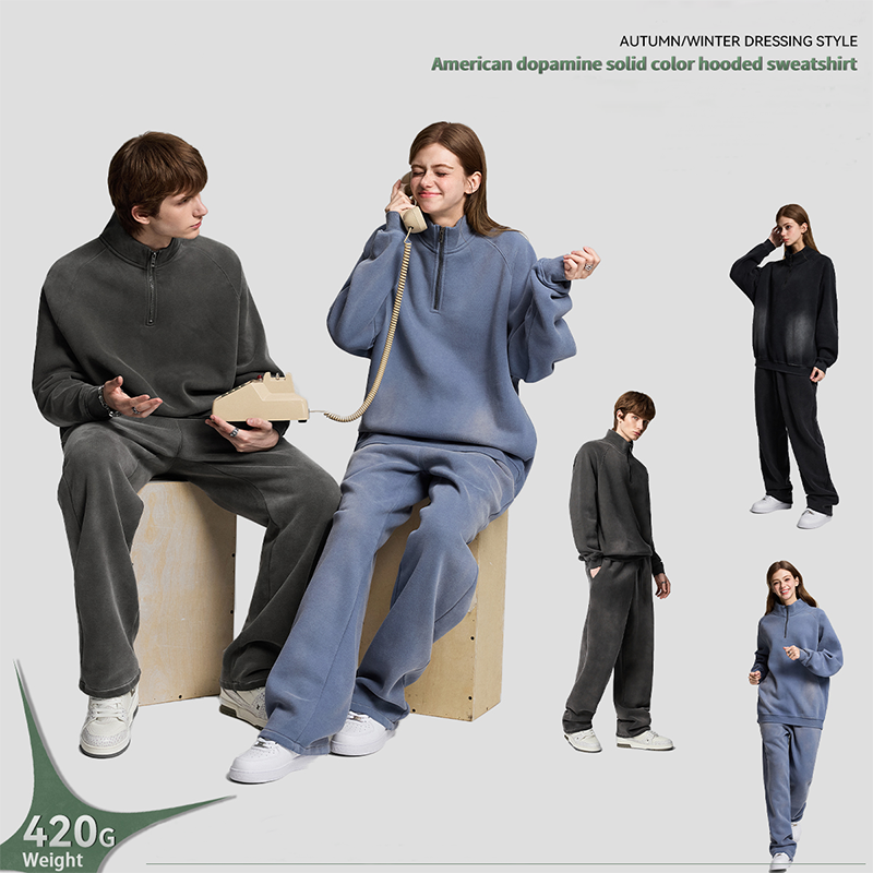 Retro Heavyweight Casual Sports Suit, 420GSM Vintage Zipper Hoodie and Sweatpants, Washed and Distressed Unisex Sportswear, Warm and Comfortable for Transitional Seasons