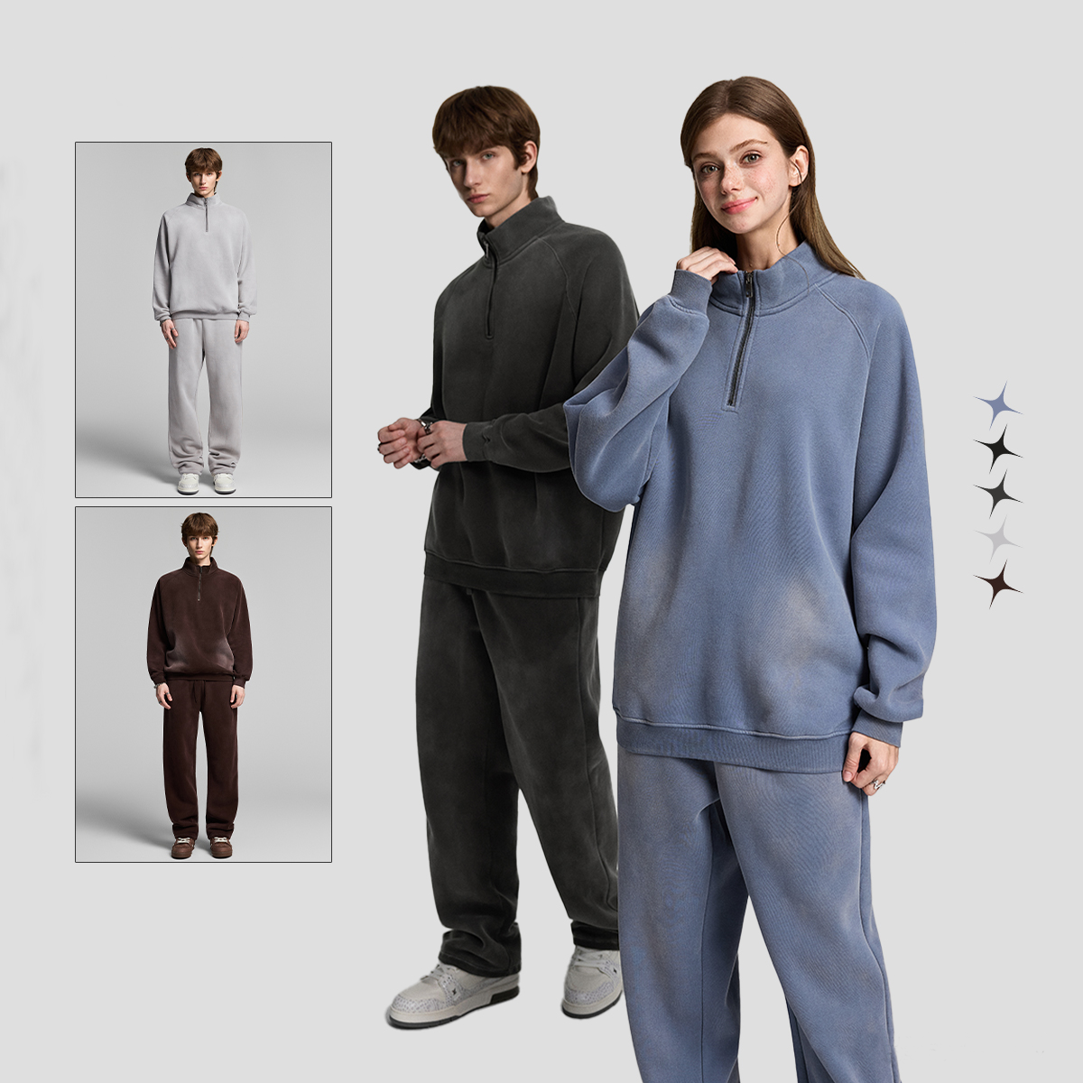 Retro Heavyweight Casual Sports Suit, 420GSM Vintage Zipper Hoodie and Sweatpants, Washed and Distressed Unisex Sportswear, Warm and Comfortable for Transitional Seasons
