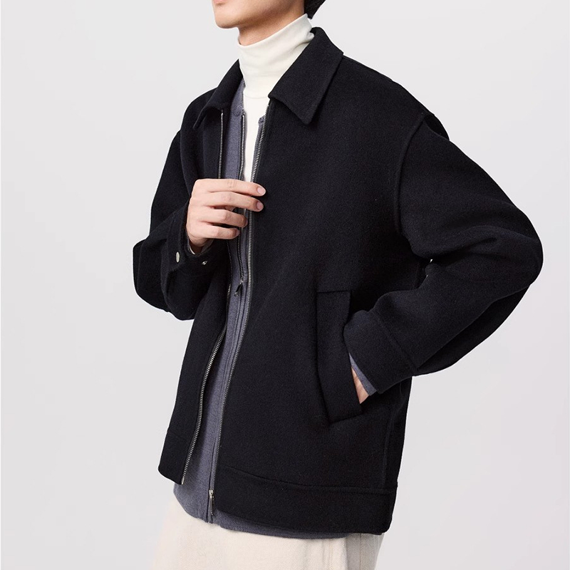 Men's Executive Wool Bomber, Zipper Front Notch Lapel Coat, Short Style Business Casual Winter Jacket