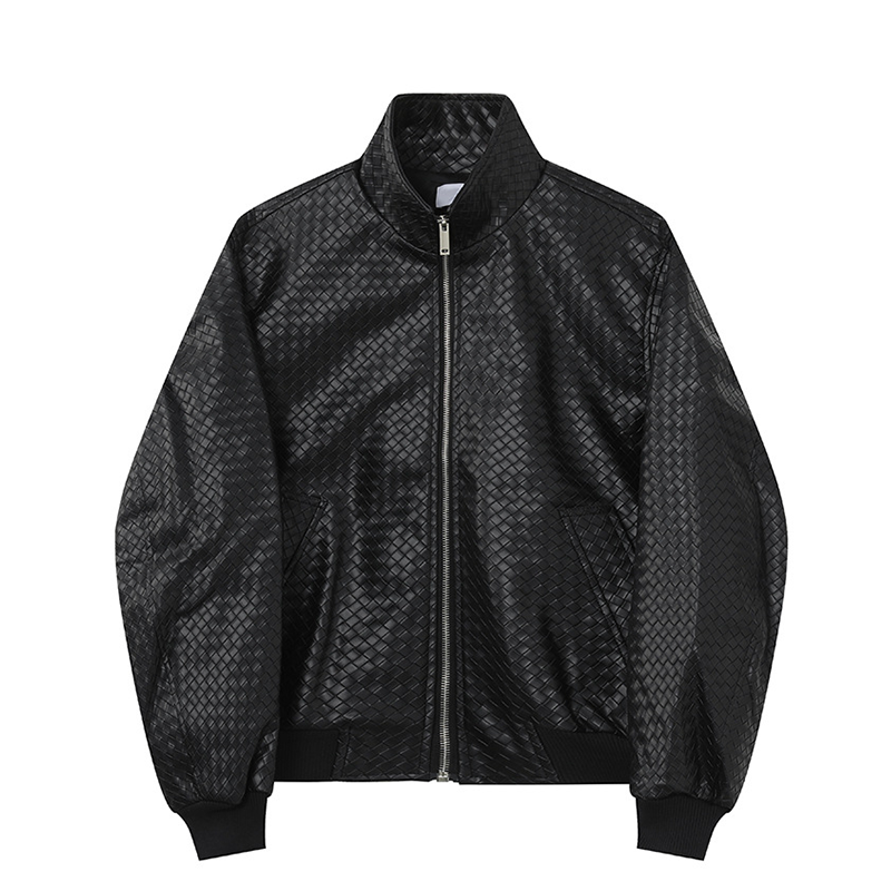 Men's Vintage Biker Short PU Leather Jacket, Unique Diamond Woven Texture Stand Collar Coat
