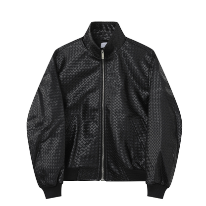 Men's Vintage Biker Short PU Leather Jacket, Unique Diamond Woven Texture Stand Collar Coat