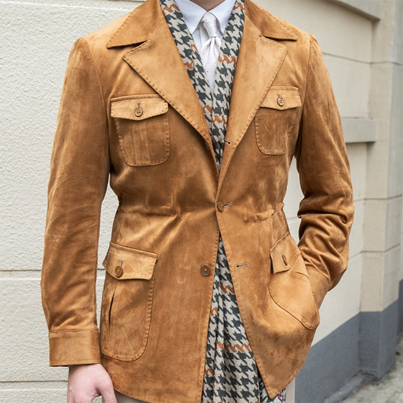 Men's Vintage British Style Thin Suede Hunting Jacket, Windproof Slim Fit Lapel Collar Jacket With Adjustable Drawstring And Multiple Pockets, All Season Casual Coat for Urban Exploration