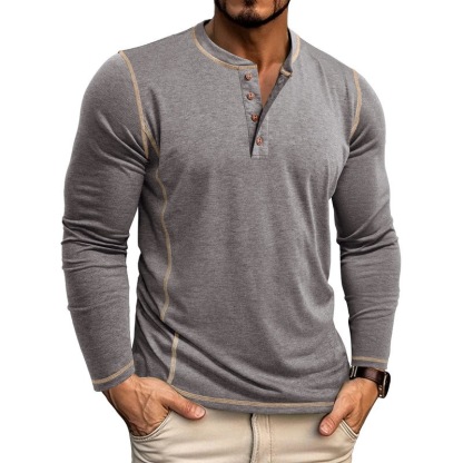 Vintage American Style Classic 4-Button Long Sleeve Henley Shirt Sustainable Long Henley Oversized American Vintage Top