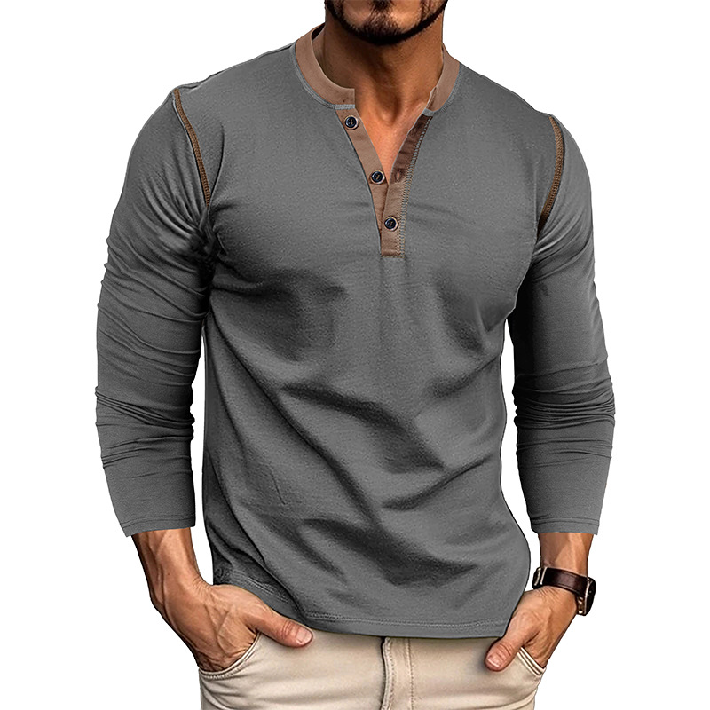 Vintage American Crewneck Henley Shirt  3-Button Retro Stretch Cotton Blend Top  Classic Casual Long Sleeve for Men