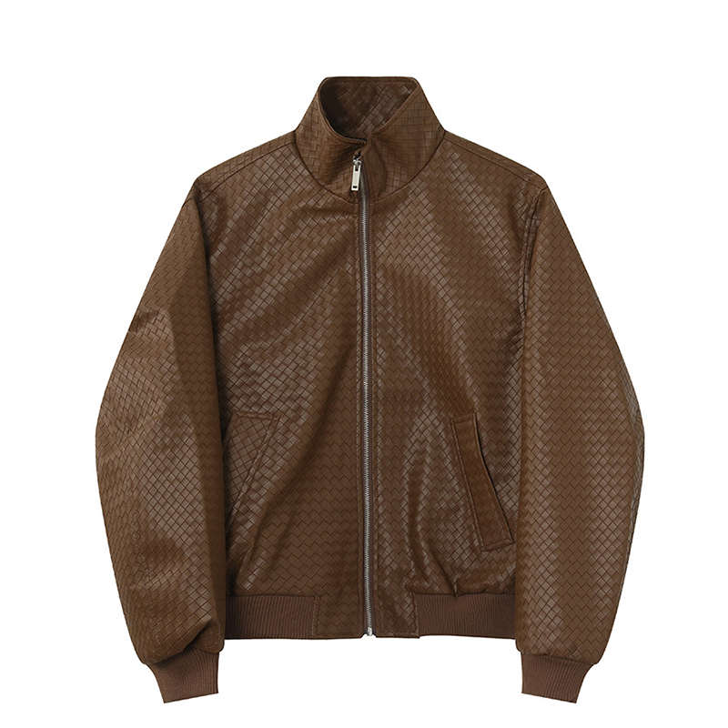 Men's Vintage Biker Short PU Leather Jacket, Unique Diamond Woven Texture Stand Collar Coat