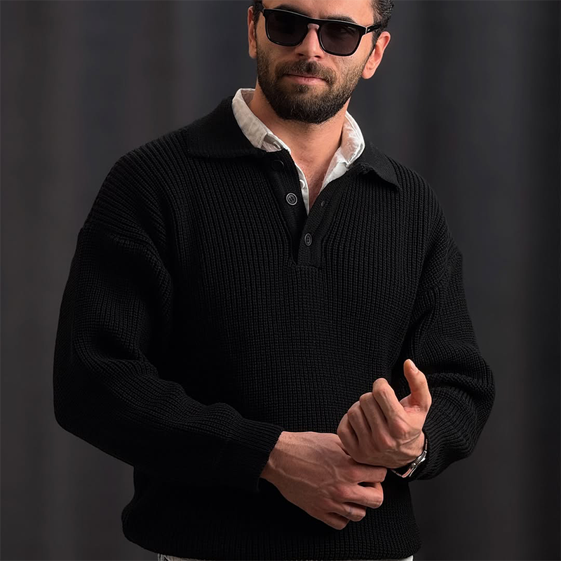 Winter Men's Polo Neck Knit Sweater, Ultra-Soft Polo Sweater, Business Casual Knit, Spandex Stretch Comfort Pullover