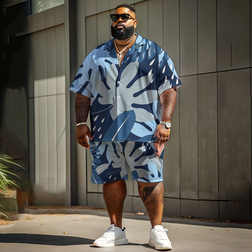 Tropical Vibes Plus Size Men's Shirt Shorts Set Bold Botanical Print, 