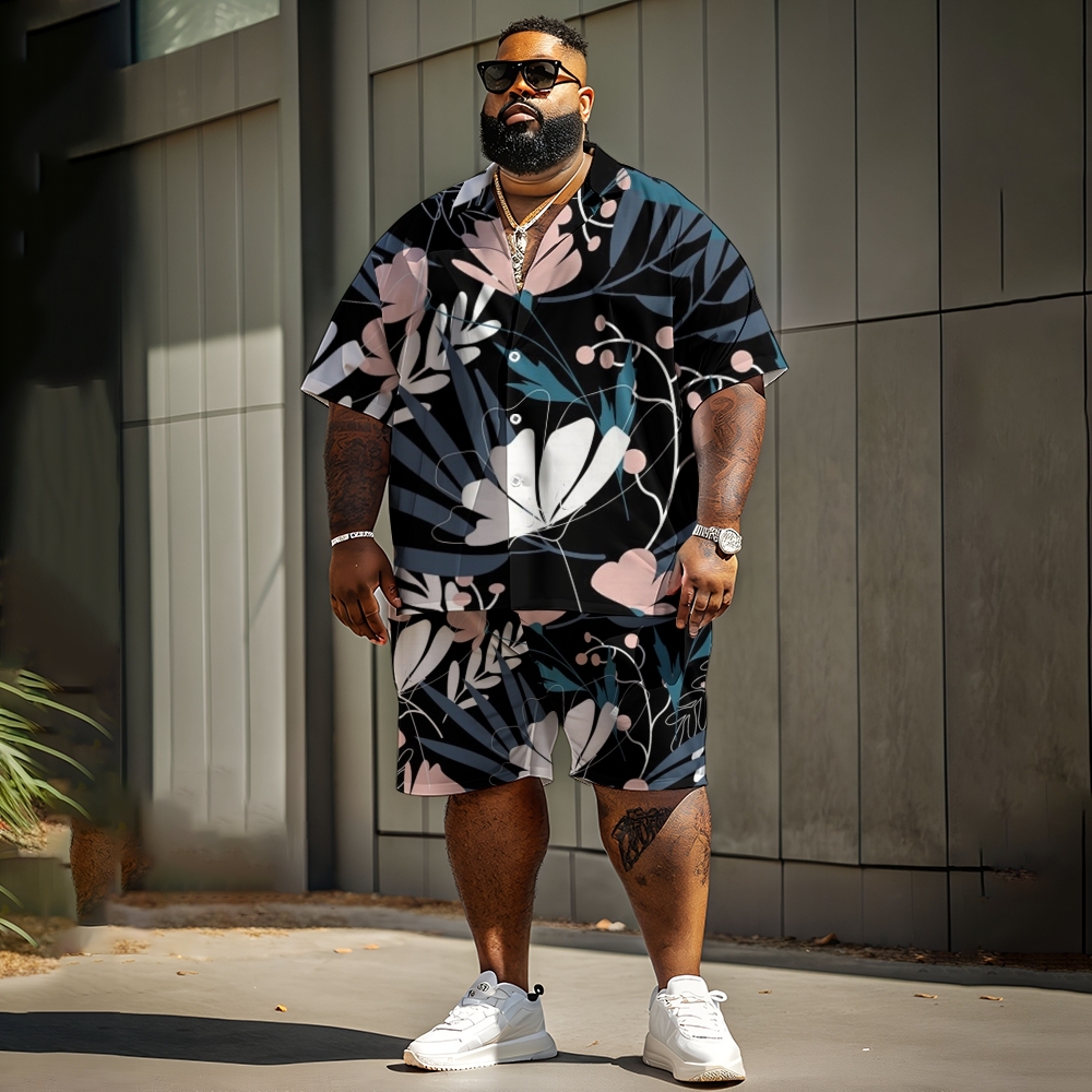 Plus Size Men's Shirt Shorts Set, Floral Pattern, Beach Vacation Wear,