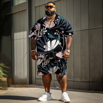 Plus Size Men's Shirt Shorts Set, Floral Pattern, Beach Vacation Wear, Beachwear