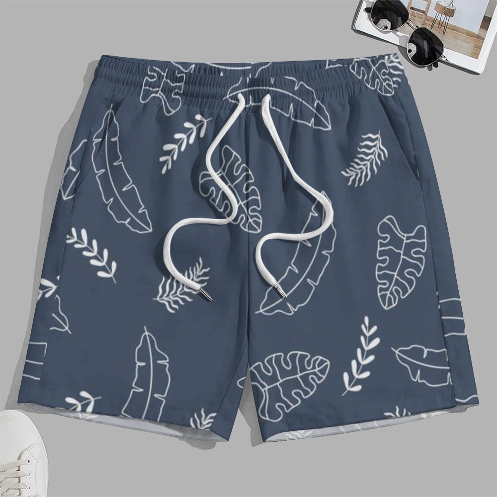 Large Size Men's Casual Blue and White Botanical Print Shorts