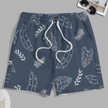 Large Size Men's Casual Blue and White Botanical Print Shorts