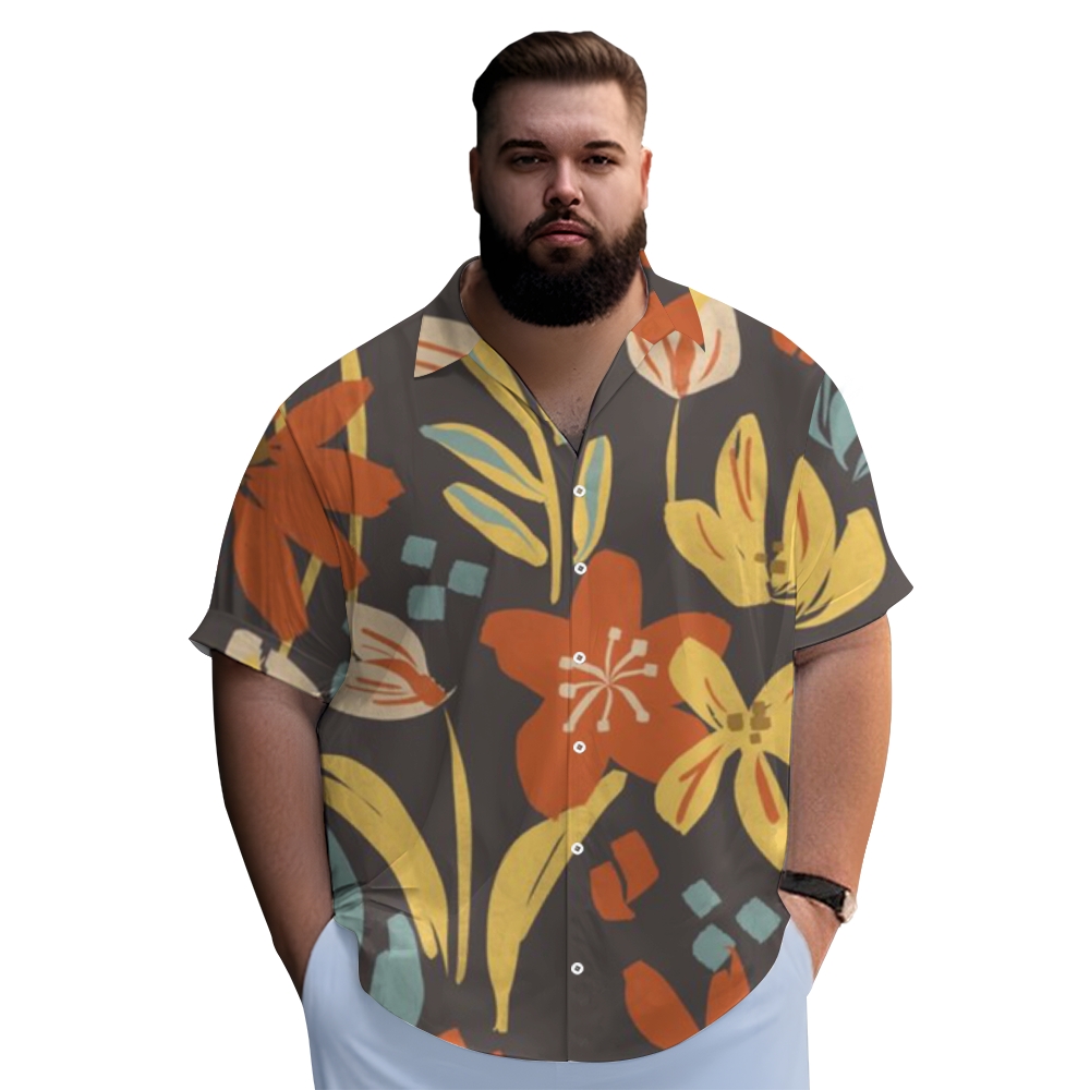 Plus Size Men's Short Sleeve Shirt Vivid Floral Print Inspire Vitality