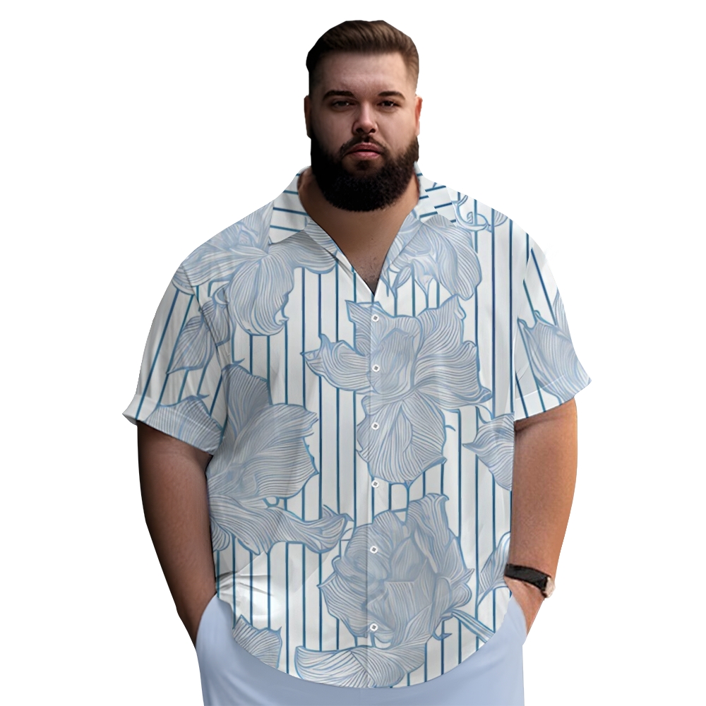 Stylish Plus Size Men's Short Sleeve Shirt - Striped Base With Delicate Floral Print