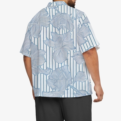 Stylish Plus Size Men's Short Sleeve Shirt - Striped Base With Delicate Floral Print
