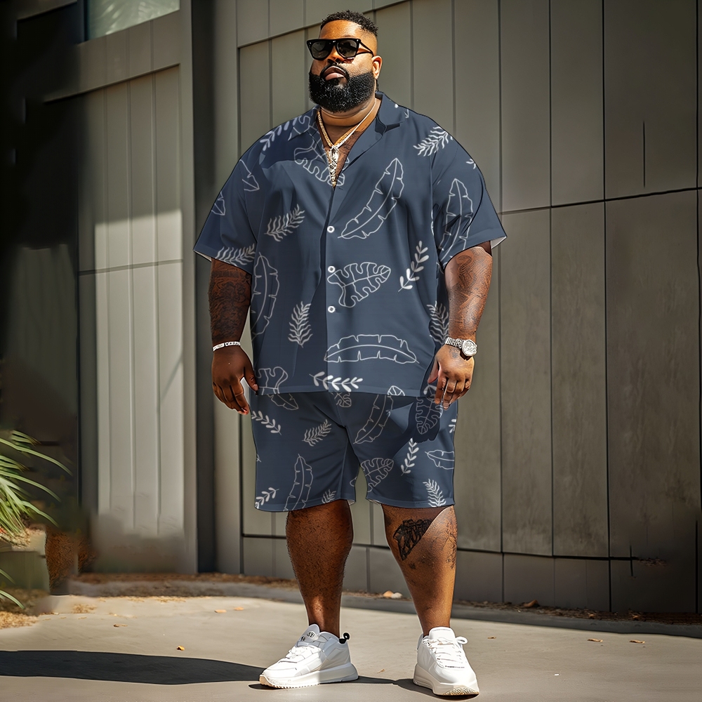 Plus Size Men's Short Sleeve Shirt And Shorts Set Botanical Line Print