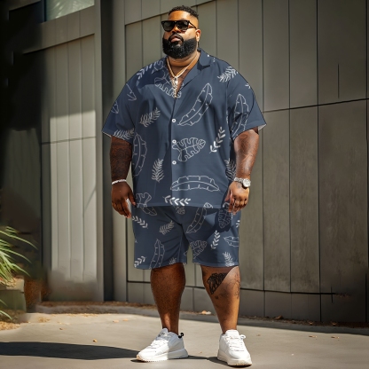 Plus Size Men's Short Sleeve Shirt And Shorts Set Botanical Line Print
