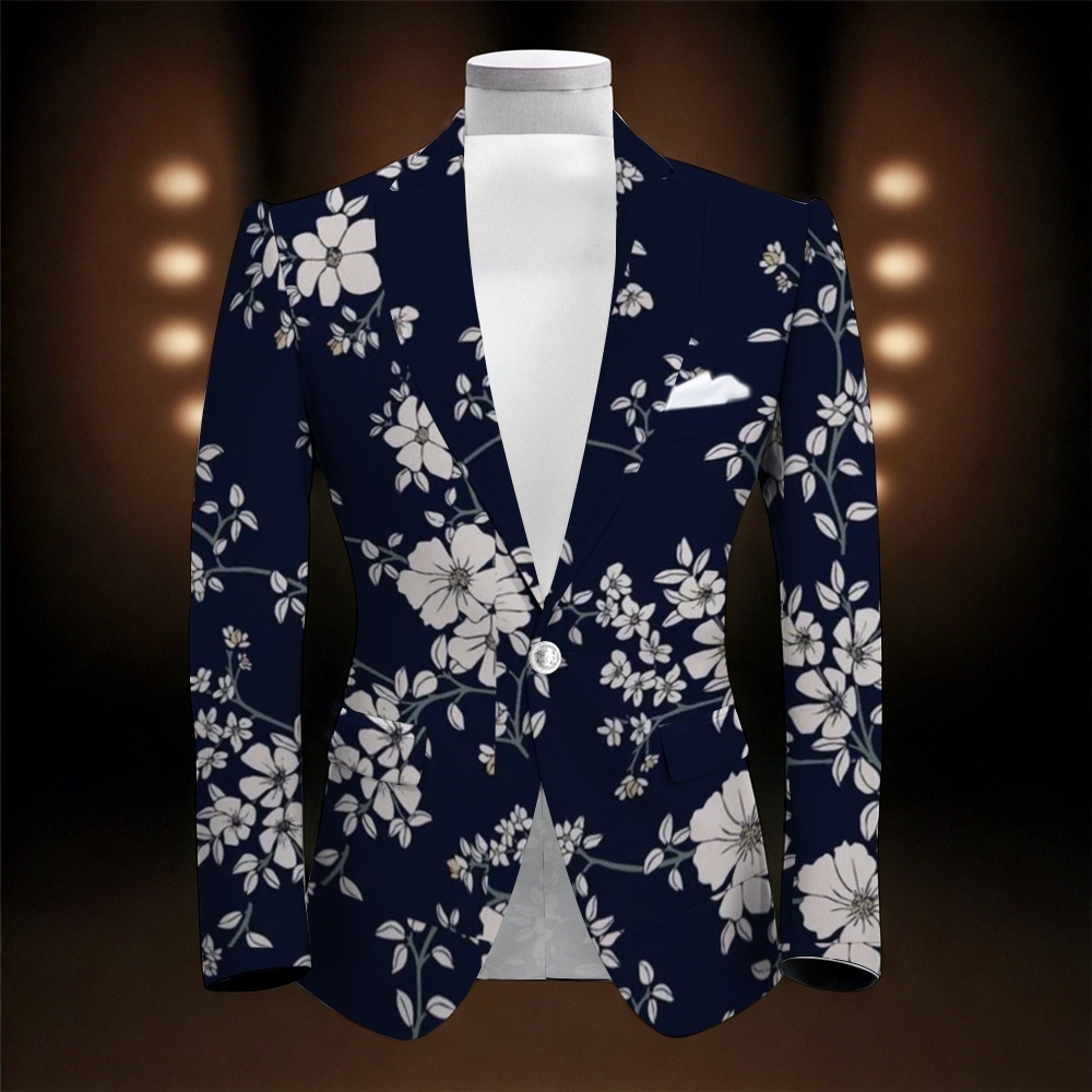 Elegant Men's Deep Blue Floral-Print Suit Jacket