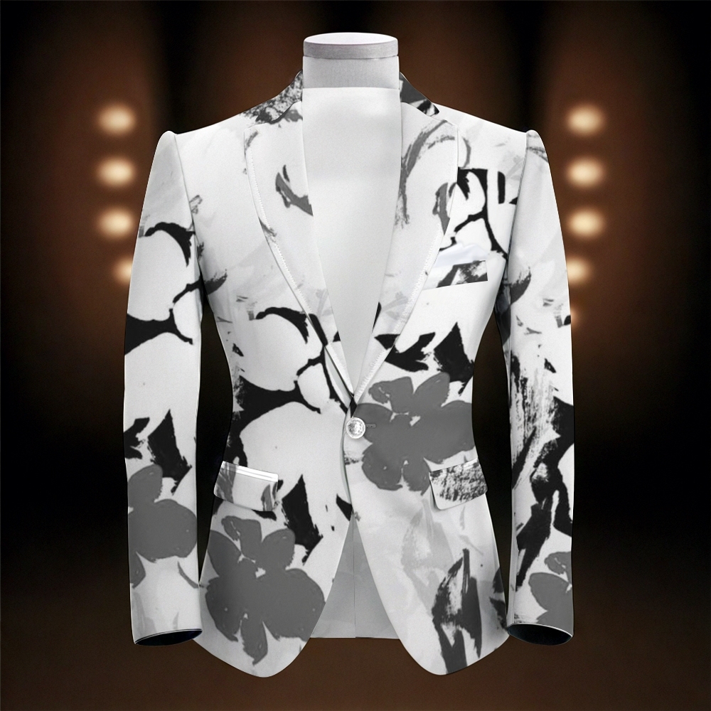 Elegant Ink-Brush Flower Print Men's Suit Jacket