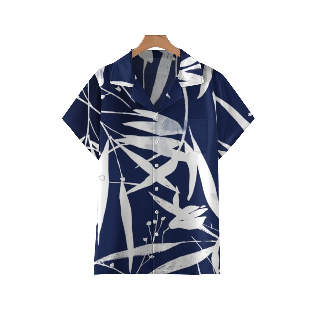 Botanical Indigo Cuban Collar Shirt for Men | Vintage-Inspired Plant P