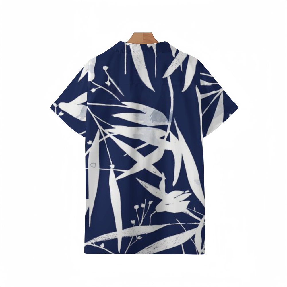 Botanical Indigo Cuban Collar Shirt for Men | Vintage-Inspired Plant Print