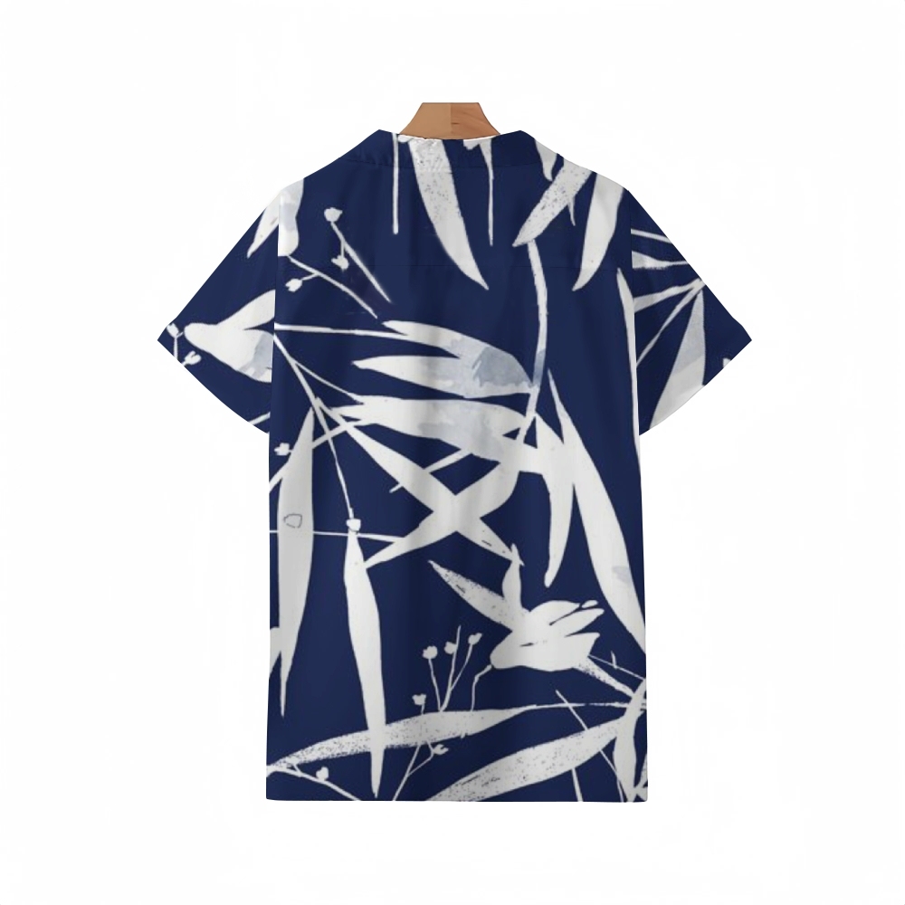 Botanical Indigo Cuban Collar Shirt for Men | Vintage-Inspired Plant Print
