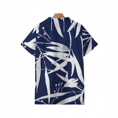 Botanical Indigo Cuban Collar Shirt for Men | Vintage-Inspired Plant Print