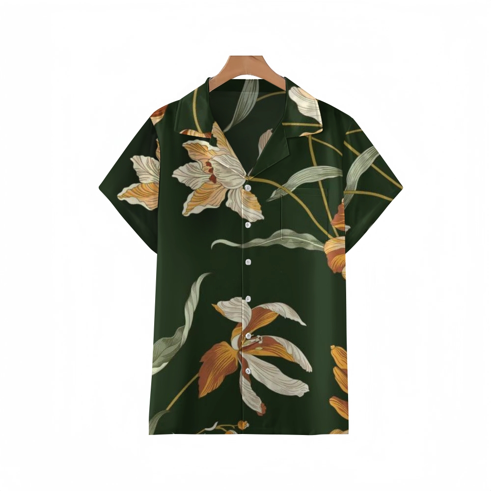 Retro Botanica Cuban Collar Shirt - Vintage 70s-Inspired Dark Floral Print