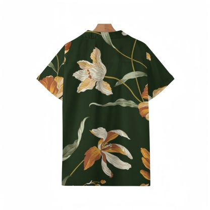 Retro Botanica Cuban Collar Shirt - Vintage 70s-Inspired Dark Floral Print