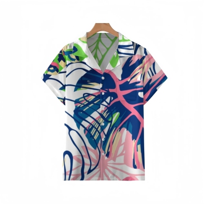 Vibrant Tropical Monstera Print Cuban Collar Shirt For Men