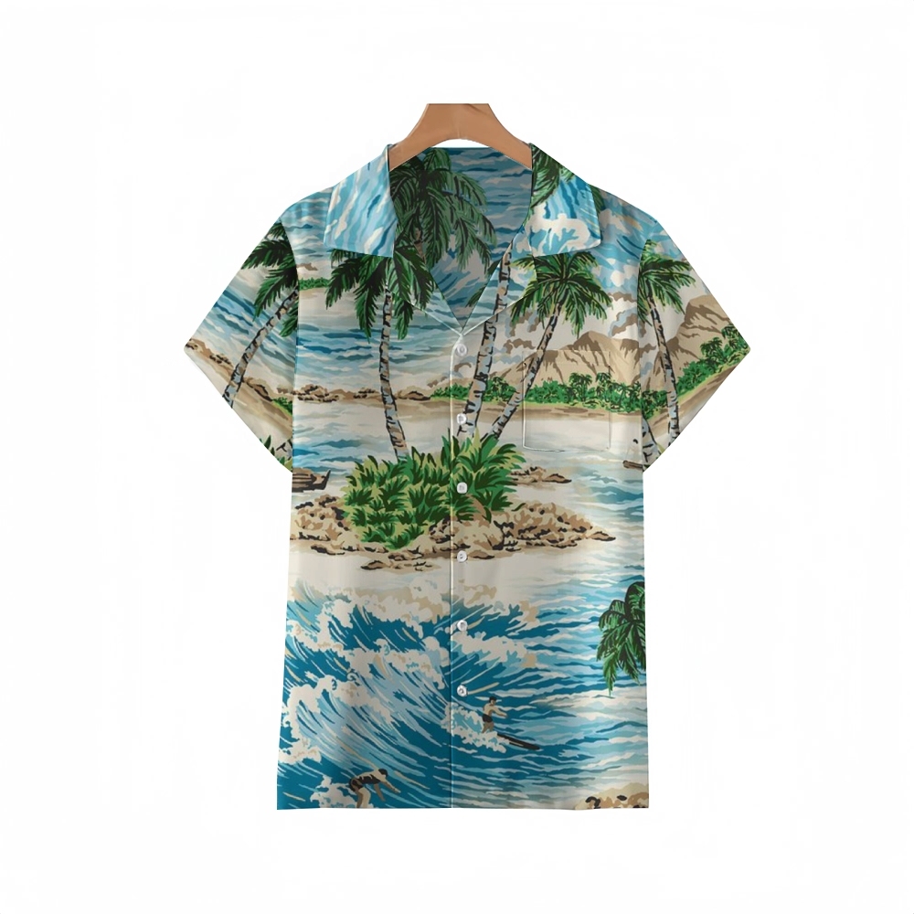 Retro Surf Inspired Cuban Collar Shirt - Tropical Beach & Palm Tree Pr