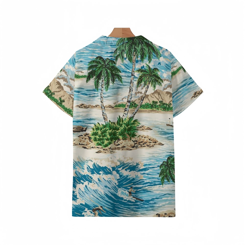 Retro Surf Inspired Cuban Collar Shirt - Tropical Beach & Palm Tree Print For Men