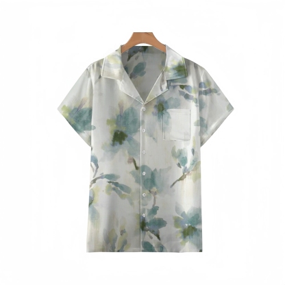 Men's Blurred Ink Blossom Print Guayabera Shirt