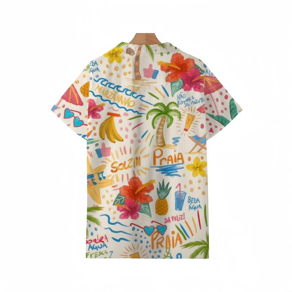 Vivid Tropical Summer Cuban Collar Shirt - Hand Drawn Summer Elements Print