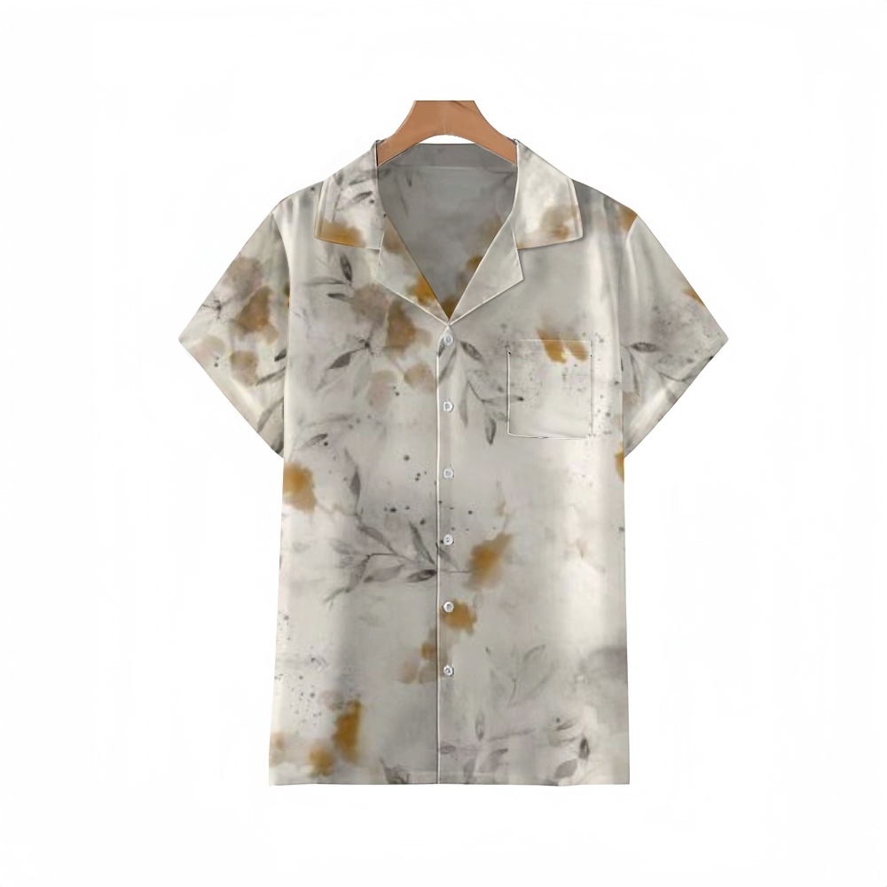Trendy Blurred Ink Bloom Print Cuban Collar Shirt