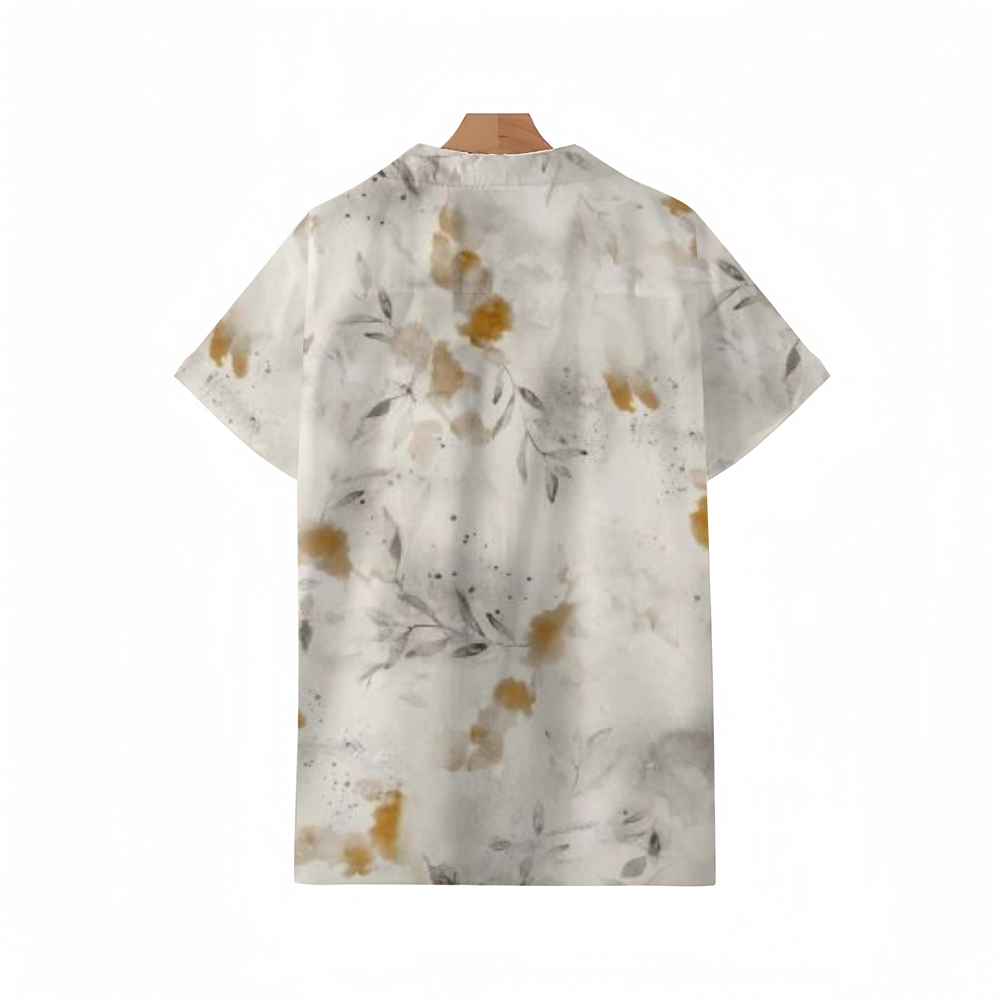 Trendy Blurred Ink Bloom Print Cuban Collar Shirt