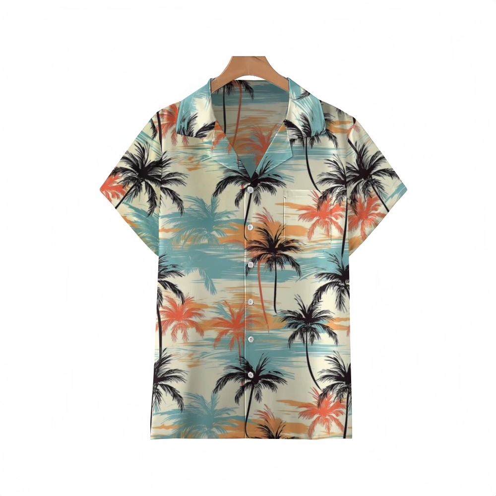Tropical Palm Print Cuban Shirt Beach Vacation & Casual Style