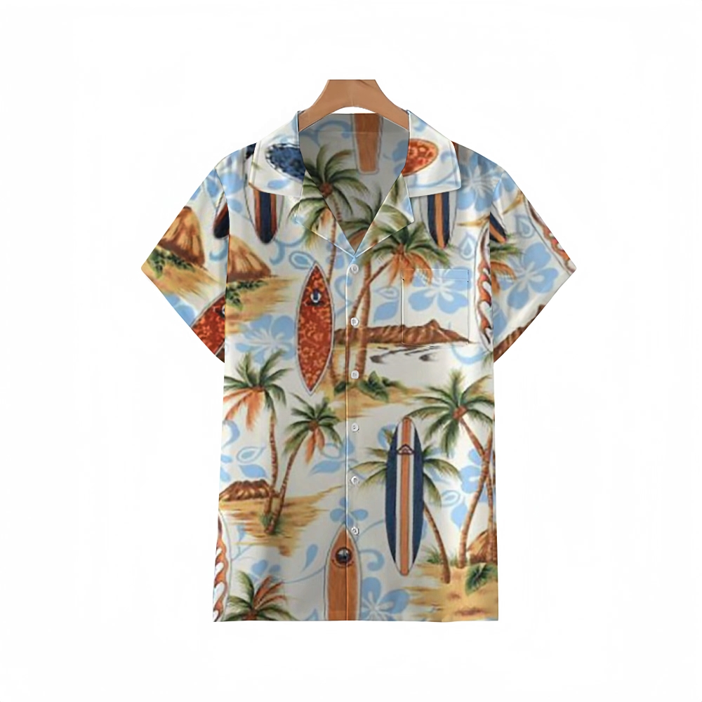 Palm Tree & Surfboard Print Guayabera Shirt