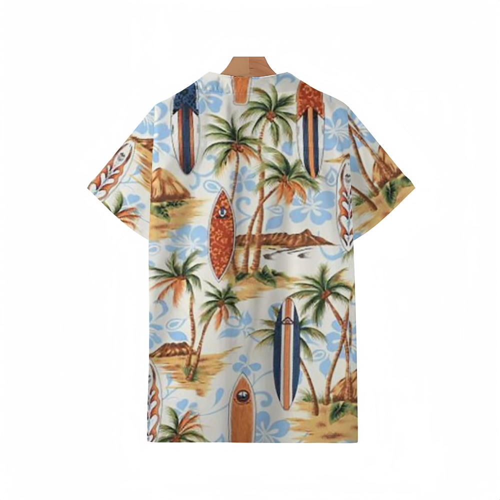 Palm Tree & Surfboard Print Guayabera Shirt