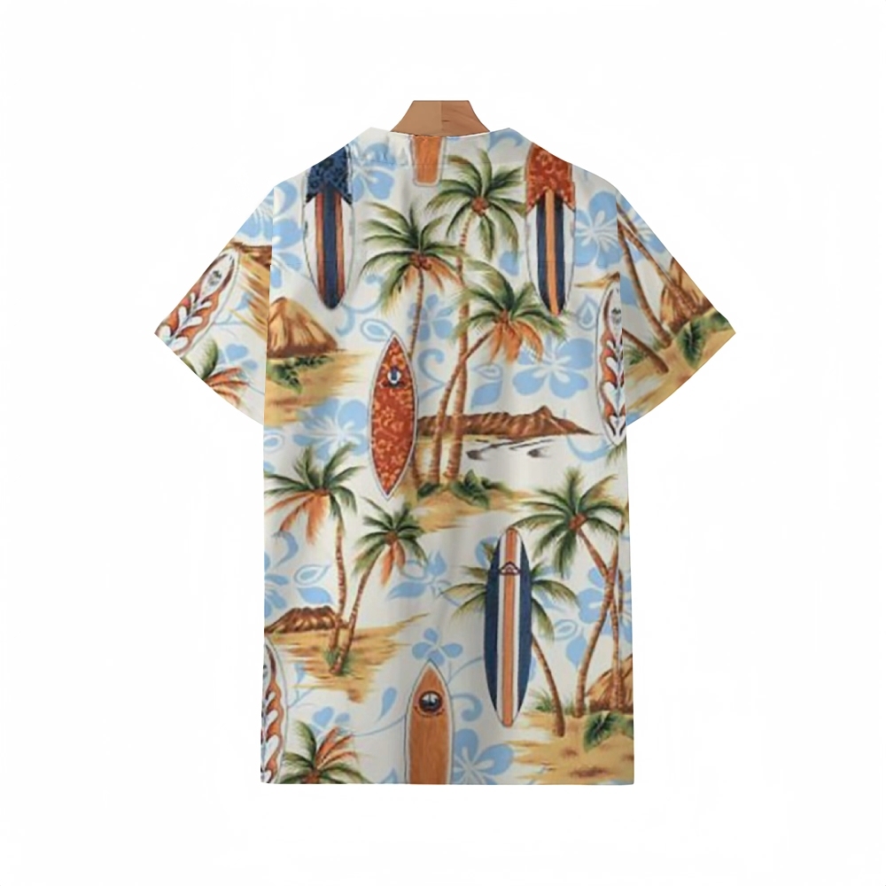 Palm Tree & Surfboard Print Guayabera Shirt