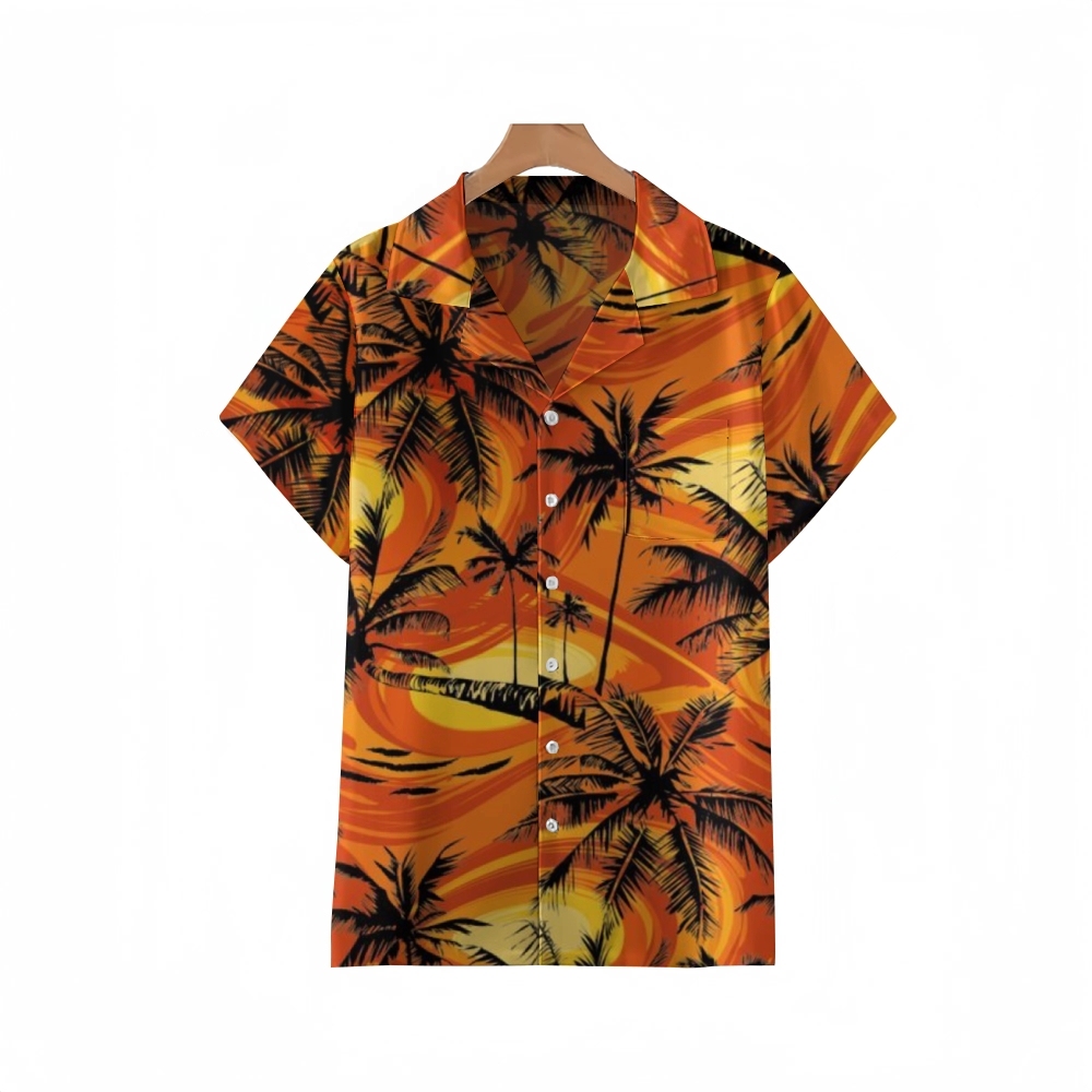 Sunset Men's Cuban Collar Shirt - Casual Palm Tree Print Summer Resort