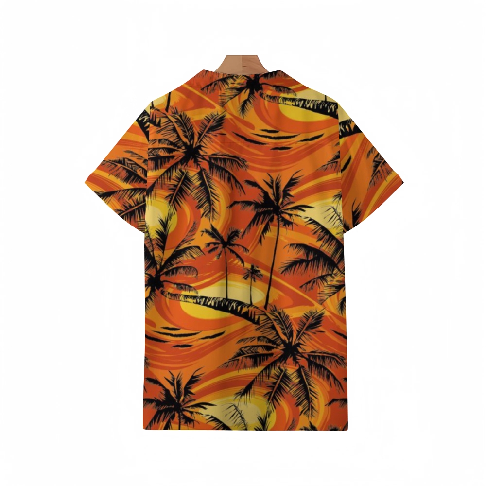 Sunset Men's Cuban Collar Shirt - Casual Palm Tree Print Summer Resort Shirt