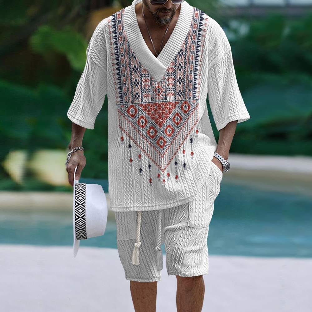 Men's V-neck Short Sleeve Casual Shorts Set - Tribal Print Casual Ethn