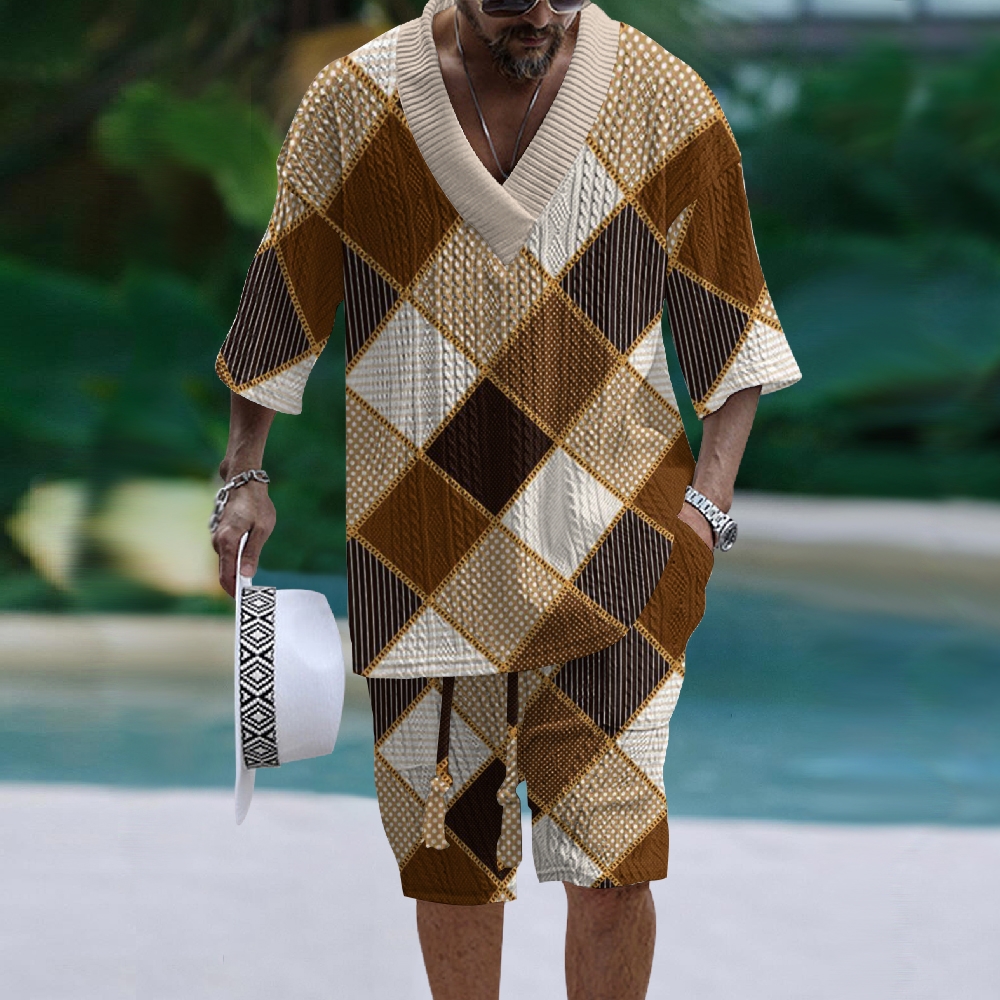 Men's V-Neck Tee And Lounge Shorts Set - Bold Leopard Print With Solid Accents