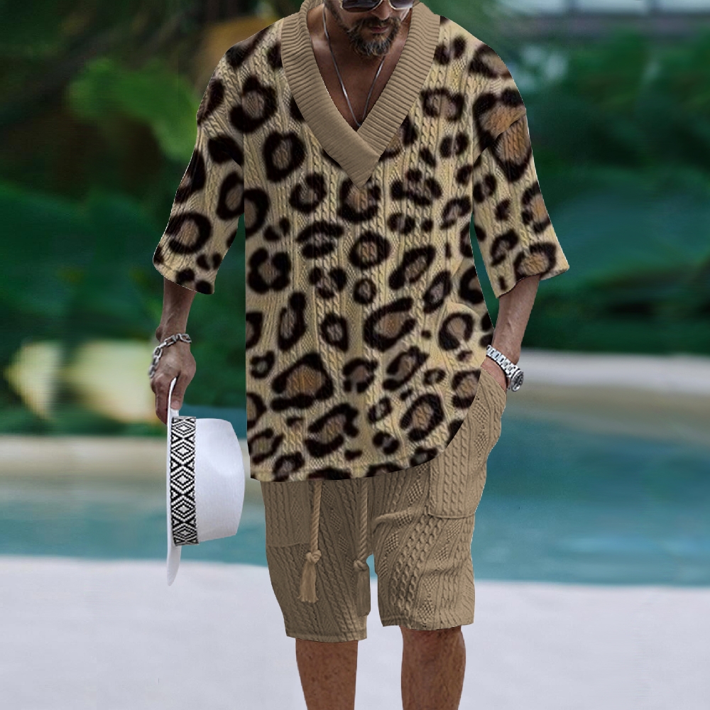 Men's V-Neck Tee And Lounge Shorts Set - Bold Leopard Print With Solid Accents